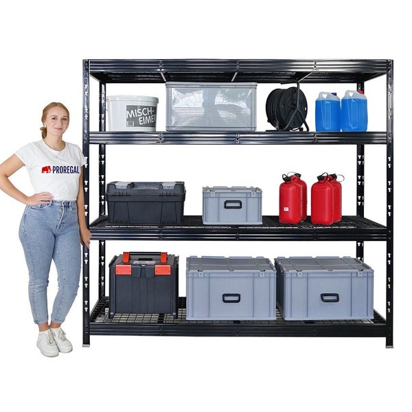 PROREGAL Profi Schwerlastregal Rhino HxBxT 180x200x60cm 4 Gitterrost-Ebenen Fachlast 500kg Schwarz Stecksystem Lagerregal Regalsystem