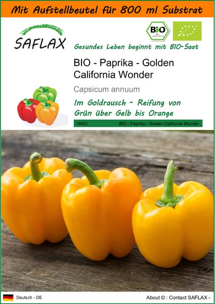 SAFLAX Garden in the bag - BIO - Paprika - Golden California Wonder - Capsicum annuum - 20 Samen - Mit Anzuchtsubstrat im praktischen, selbst aufstellenden Beutel