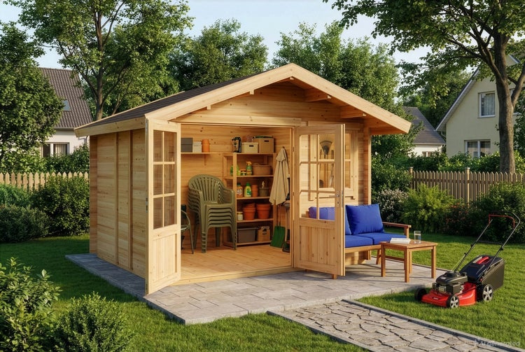 Gartenhaus aus Holz mit Doppeltür, im Garten aufgestellt, mit Inneneinrichtung und Sitzbank auf der Terrasse.