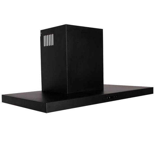 Schwarze Dunstabzugshaube, Wand- oder Inselhaube mit flachem Design, Kamin mit Lüftungsschlitzen und Touch-Bedienfeld.