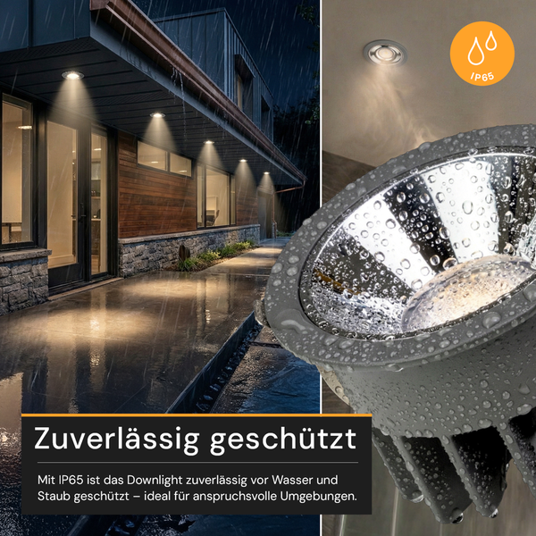 Wasserdichtes LED-Downlight mit Schutzart IP65 für den Außenbereich, gezeigt in einer Detailaufnahme mit Wassertropfen und installiert bei Regen.