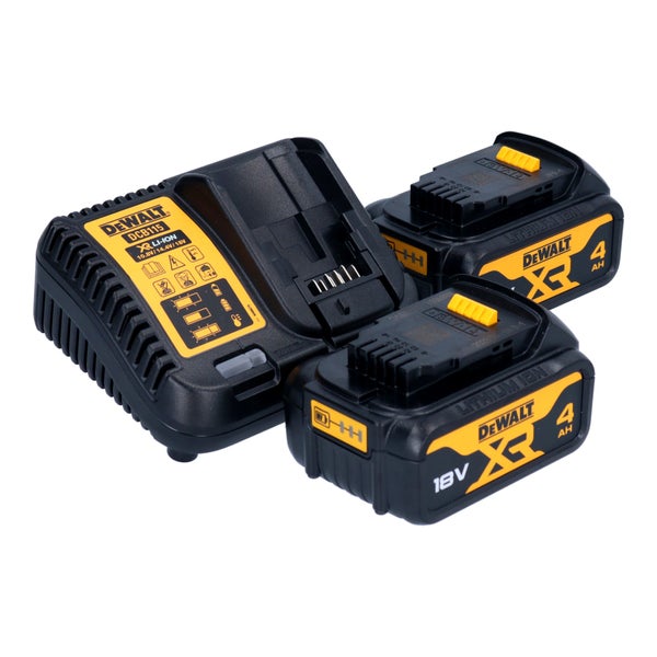 DeWalt Akku Starter-Set mit Ladegerät DCB115 und zwei 18 Volt 4 Amperestunden Lithium-Ionen-Akkus.