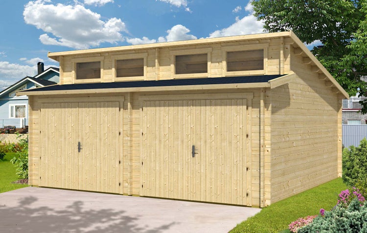 Alpholz Doppelgarage Sandvig 44 ISO Garage aus Holz, Unterstellplatz mit 44 mm Wandstärke, Fertiggarage mit Montagematerial, Naturbelassen 5,9x5,4m