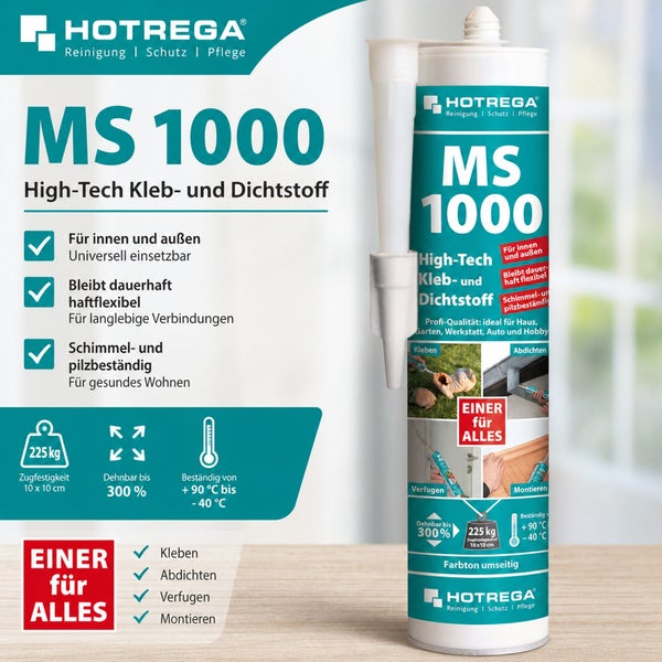 Hotrega MS 1000 High Tech Kleb und Dichtstoff Kartusche für Innen und Außen zum Kleben Abdichten Verfugen und Montieren