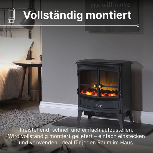 Freistehender elektrischer Kamin in Schwarz mit brennenden Kohlen im Schlafzimmer. Vollständig montiert geliefert.