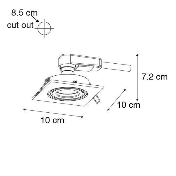 Maßzeichnung eines quadratischen Einbaustrahlers mit 10 Zentimeter Seitenlänge, 7,2 Zentimeter Höhe und einem Lochausschnitt von 8,5 Zentimeter.