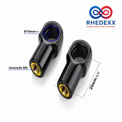 RHEDEXX Logo. Zwei schwarze Winkelgelenke mit M6 Gewinde, 10 Millimeter Lochdurchmesser und 20 Millimeter Länge.