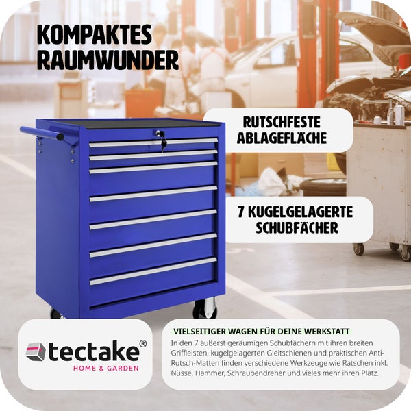 Werkzeugwagen tectake  Rollen Ø 100 mm 7 kugelgelagerte Schubladen mit Antirutschmatten blau