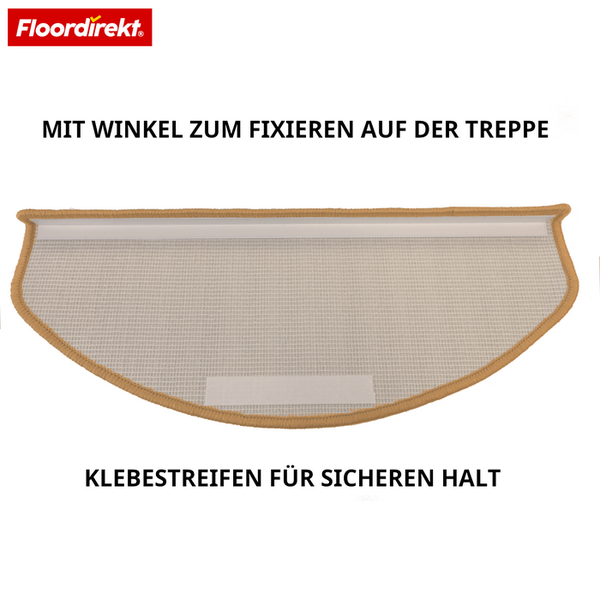 Floor direkt Logo. Treppenstufe mit Winkel und Klebestreifen zur Fixierung auf der Treppe.