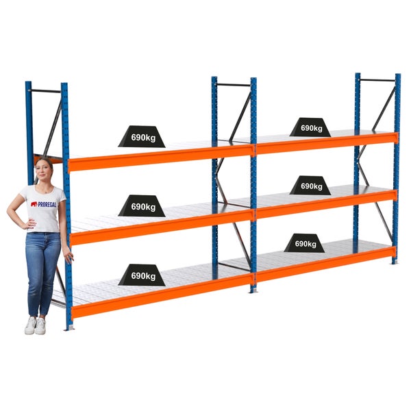 Regalsystem mit drei Ebenen und einer Traglast von 690 Kilogramm pro Ebene.