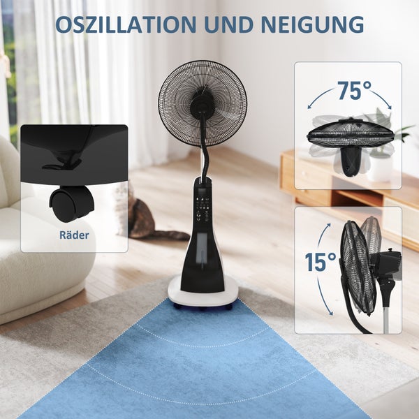 HOMCOM Ventilator mit Wasserkühlung, Standventilator mit Sprühnebel, Fernbedienung, Timerfunktion, oszillierend, 3 Stufen, 3 L Wassertank, 90 W Wasserventilator mit Rollen, 125 cm