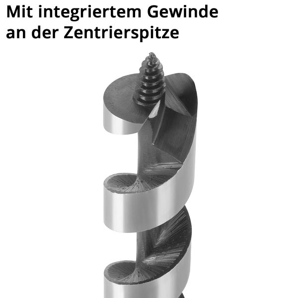 Nahaufnahme eines Schlangenbohrers für Holz mit integriertem Gewinde an der Zentrierspitze.