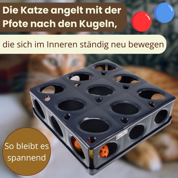 Katzenspielzeug mit Bällen in einem quadratischen Gehäuse