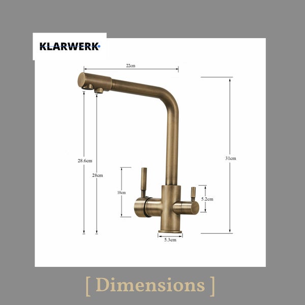 Klarwerk Logo. Küchenarmatur in Bronze-Optik mit Maßen: Höhe 31 Zentimeter, Ausladung 22 Zentimeter, Sockelbreite 5,3 Zentimeter.
