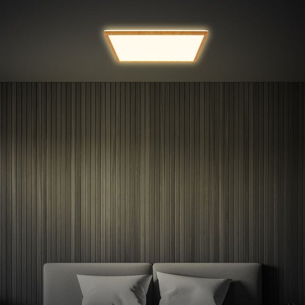 LED Deckenlampe Holz Deckenleuchte Wohnzimmer Indirektes Licht Flach Warmweiß