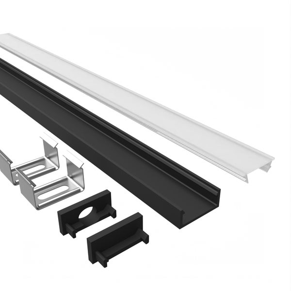 TIVENDIS Led Alu Profil 2 m AH2schwarz Komplett Set für Strip / Streifen bis 12 mm breit | Abdeckung satiniert milchig, Endkappen, Befestigungclips | U-Form Aufputz Deckenleiste Wandprofil pulverbesch