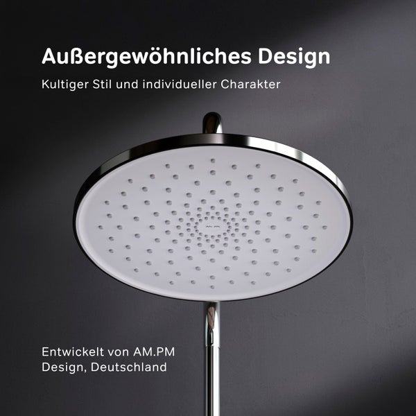 Runde Kopfbrause von AM.PM mit Metalloberfläche und zahlreichen Düsen für ein komfortables Duscherlebnis.