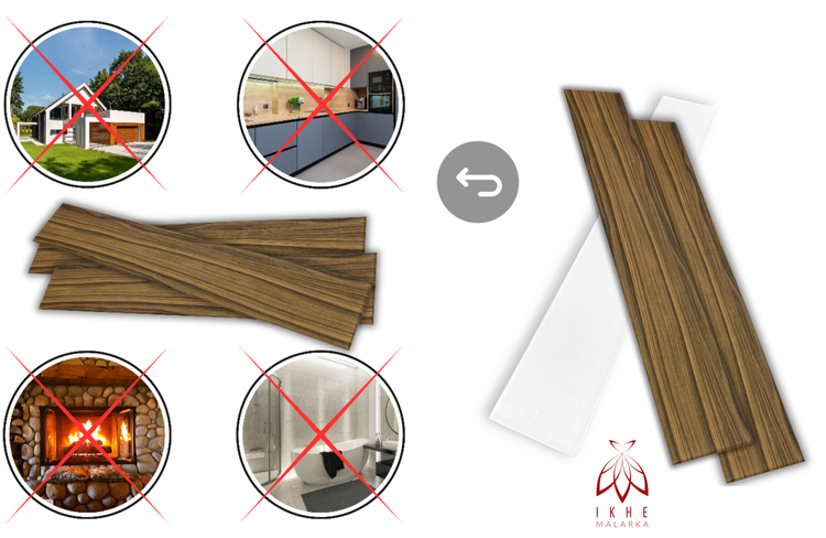 Selbstklebende Wandpaneele in Holzoptik. Nicht geeignet für Außenbereiche, Küchen, Kamine oder Badezimmer. IKHE MALARKA Logo.