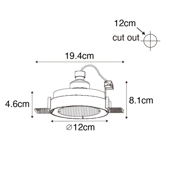 Maßzeichnung Einbaustrahler: Breite 19,4 Zentimeter, Höhe 8,1 Zentimeter, Durchmesser 12 Zentimeter, Ausschnitt 12 Zentimeter.