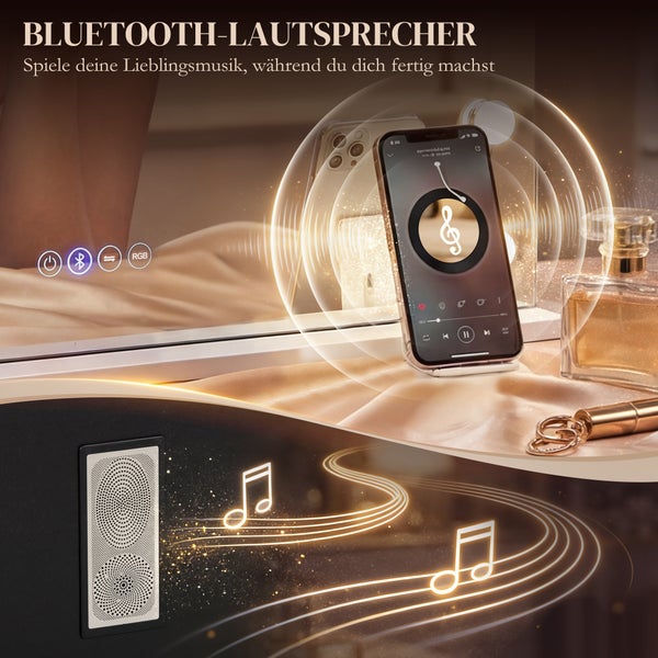 Schminkspiegel mit integriertem Bluetooth Lautsprecher, Smartphone spielt Musik ab, Symbole für Bluetooth Verbindung und farbige Beleuchtung.