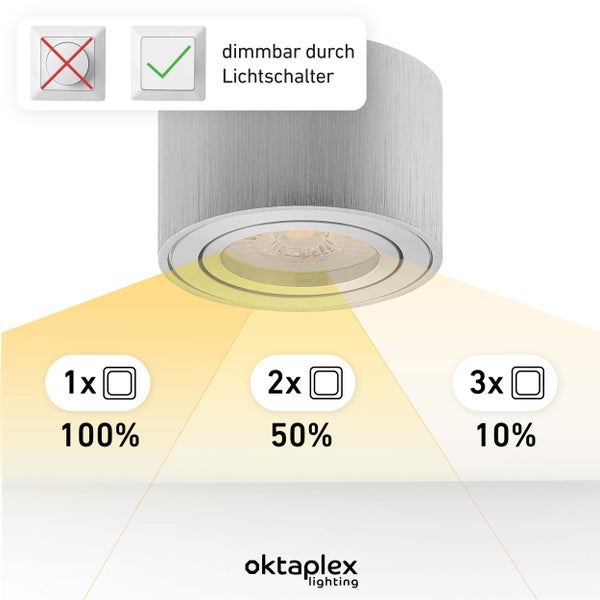 Aufbaustrahler Lile Alu gebürstet 3 Stück LED Modul 3-stufig dimmbar 4,8W Warmweiß 2700K 380 Lumen Schwenkbar Aufputz Spot