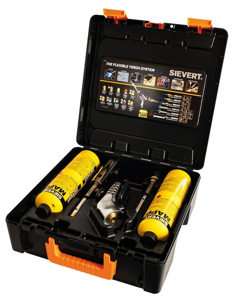 Sievert Powerjet Lötset im schwarzen Kunststoffkoffer mit zwei gelben MAPP-Gasflaschen, Brennergriff und verschiedenen Brennern.
