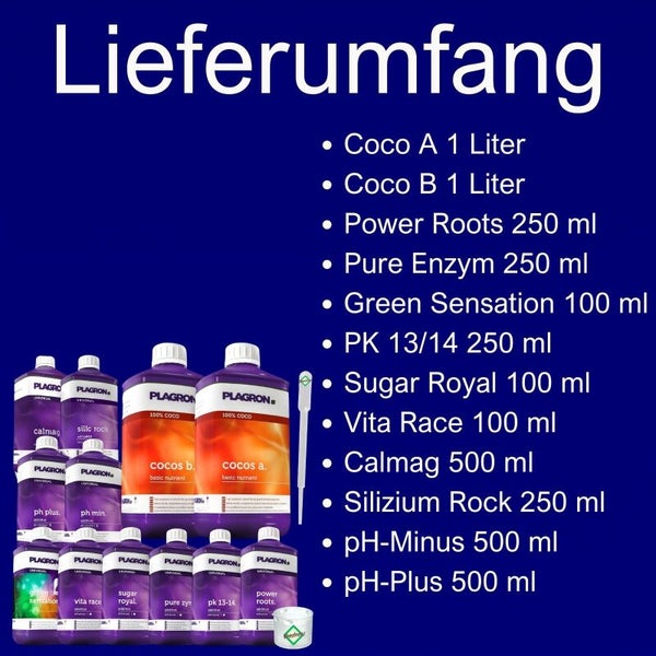 Plagron Dünger Set mit Coco A, Coco B, Power Roots, Pure Enzym, Green Sensation, PK 13/14, Sugar Royal, Vita Race, Calmag, Silizium Rock, pH-Minus und pH-Plus