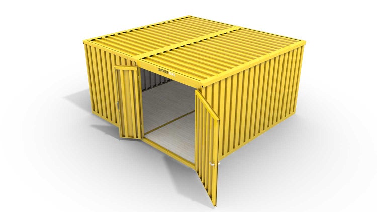 Lagercontainer Gerätehaus M2  – 12 qm, H2150 x B3050 x T4340 mm, Außenwandlackierung RAL 1003 signalgelb, Dach außen verzinkt, mit Holzfußboden, 1830 mm Doppelflügeltür mittig in Modul D, montiert