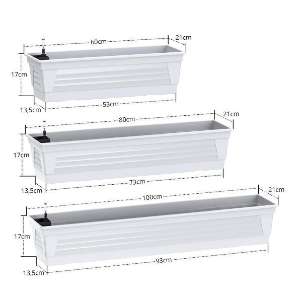 Plastard Blumenkasten 60 x 21 x 17 cm Weiß mit Hydroeinsatz, Wasserstandsanzeiger und passender Halterung