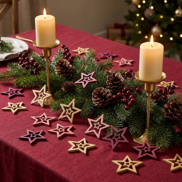 Festlich gedeckter Esstisch mit Kerzenhaltern, Tannenzweigen, Tannenzapfen und Holzsternen als Tischdekoration zu Weihnachten.