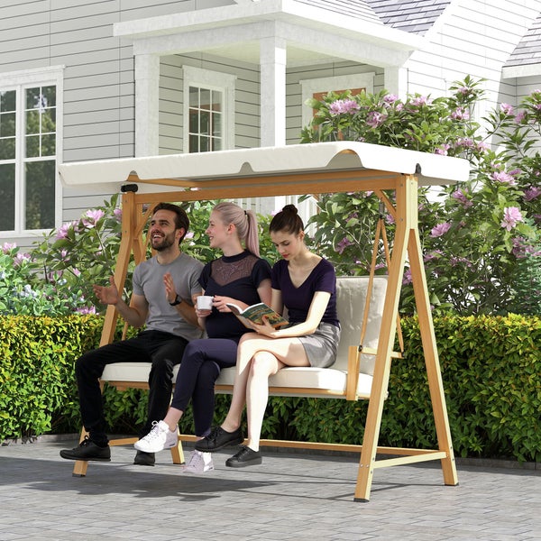 Outsunny Hollywoodschaukel mit verstellbarem Sonnendach Sitzauflage, Holzoptik 3-Sitzer Gartenschaukel belastbar bis 330kg, Schaukelbank für Garten, Terrasse 198 x 120 x 170cm, Beige