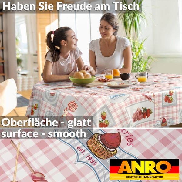 Abwischbare runde Tischdecke mit rosa-weißem Karomuster und Gebäckmotiven, glatte Oberfläche, ANRO Deutsche Manufaktur Logo.