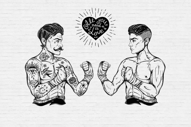 Illustration von zwei Boxern mit Tattoos und dem Schriftzug 'Alles was du brauchst ist Liebe'