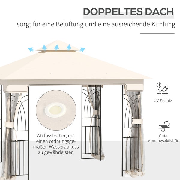 Outsunny Gartenpavillon, mit Doppeldach Pavillon,  2,99 x 2,99 x 2,74 m, Metall+Polyester, Cremeweiß