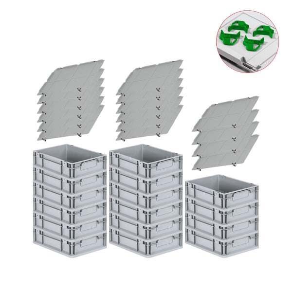 PROREGAL Spar Set 16x Eurobox Nextgen Economy Mit Auflagedeckel & 4x Schiebeschnappverschlüsse Grün Griffe Geschlossen HxBxT 12 x 30 x 40 cm 11 Liter