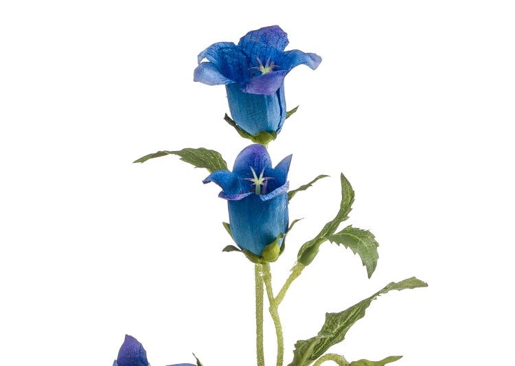 Künstliche Glockenblume mit blauen Blüten und grünen Blättern.