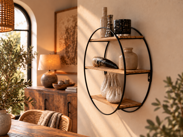 Rundes Wandregal mit drei Regalböden aus Holz und einem schwarzen Metallrahmen dekoriert mit Vasen und Schalen in einem Wohnzimmer.