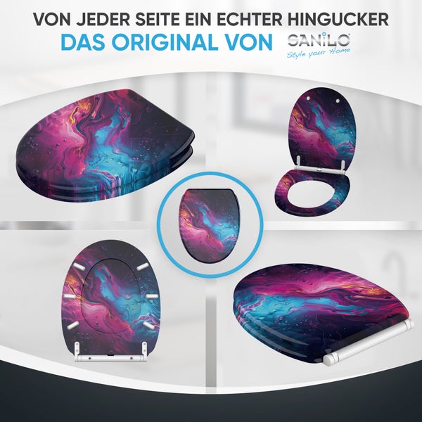 Verschiedene Ansichten eines WC-Sitzes mit abstraktem Muster der Marke Sanilo