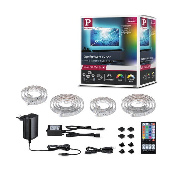 LED Streifen Set mit Fernbedienung und Netzteil, 300 Zentimeter Länge, 13 Watt Leistung, 5 Jahre Garantie.
