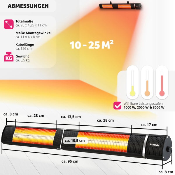 Infrarotheizstrahler  tectake Solaris Horizon einfache Montage, 95 x 11 x 10,5 cm 3 Leistungsstufen, 1000, 2000 und 3000 W schwarz