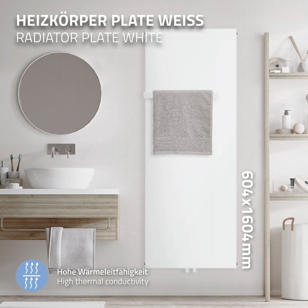 ML-Design Badheizkörper 1600x604 mm Weiß + 1x Handtuchhalter, Flach Einlagig, Design Heizkörper mit Mittelanschluss Vertikal Planheizkörper Vertikalheizkörper Paneelheizkörper Flachheizkörper Heizwand