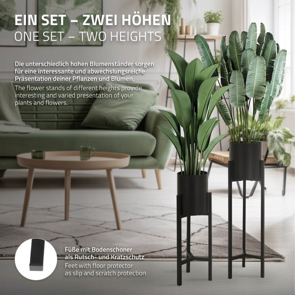 ML-Design Blumenständer im 2er Set, Schwarz, 18x18x56cm / 20x20x76cm , Moderne Blumentopfständer mit Übertopf, Robuste Pflanzenständer aus Metall, Blumentopfhalter 2-TLG, Pflanztopf Deko, Blumenhalter