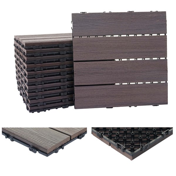 Dunkelbraune Klickfliesen aus Holz-Kunststoff-Verbundwerkstoff mit Holzmaserung und Kunststoff-Klicksystem für Terrasse und Balkon.