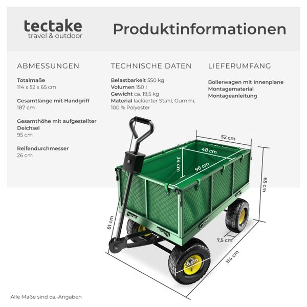 Produktinformationen zum Bollerwagen mit Innenplane, Montagematerial und Montageanleitung von tectake.