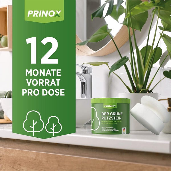 PRINOX® Der Grüne Putzstein 950g inkl. Handschwamm Nachhaltiger Universal Allzweckreiniger Jahresvorrat je Dose Öko Reiniger für Küche, Bad, Fenster, Sneaker, Ceranfeld, WC Made in DE