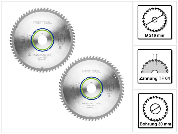 Festool Spezial Kreissägeblatt Set 2x HW 216 x 30 x 2,3 mm TF64 216 mm ( 2x 500122 ) 64 Zähne