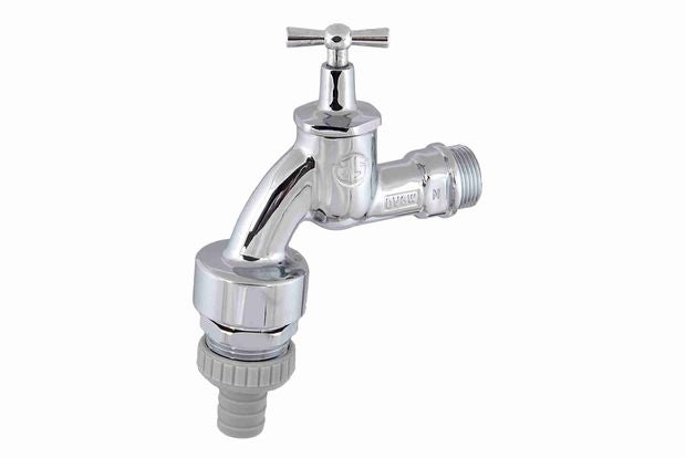 Auslaufventil mit Knebeloberteil und Schlauchverschraubung aus verchromtem Metall.