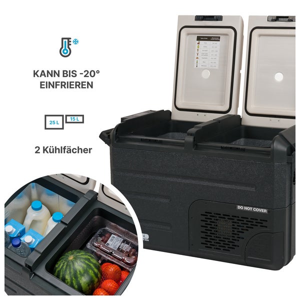 Tragbare Kompressor-Kühlbox mit zwei Kühlfächern von 25 und 15 Litern, Gefrierfunktion bis minus 20 Grad, befüllt mit Lebensmitteln.