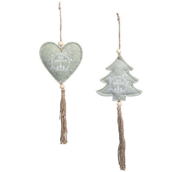 Dekorativer Weihnachtsanhänger im Design Herz und Weihnachtsbaum aus Filz mit Aufschrift Frohe Weihnachten