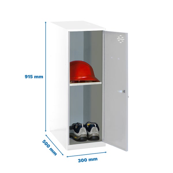 Metall-Garderobenschrank mit einer Höhe von 915 Millimetern, einer Breite von 300 Millimetern und einer Tiefe von 500 Millimetern, inklusive rotem Schutzhelm und Arbeitsschuhen